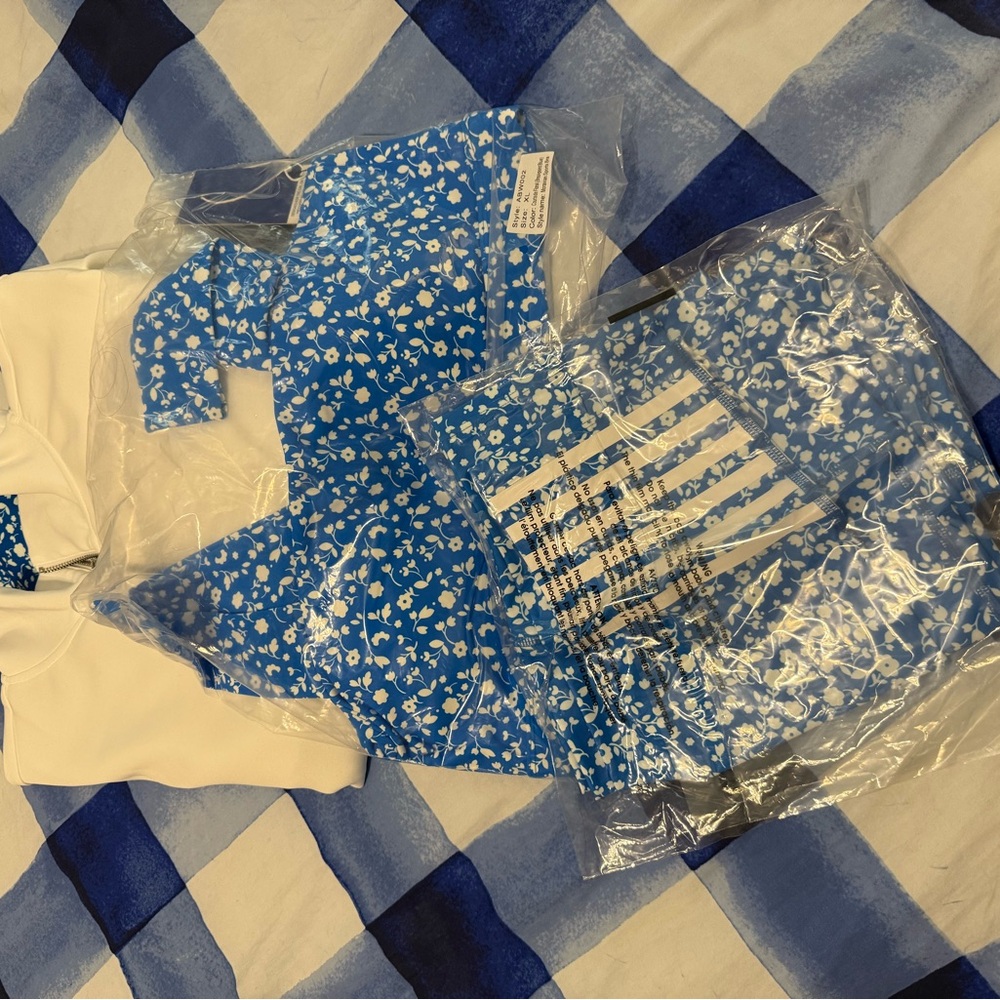 Blue and White Floral Addison Bay Leggings, Sports Bra, and Quarter Zip Set